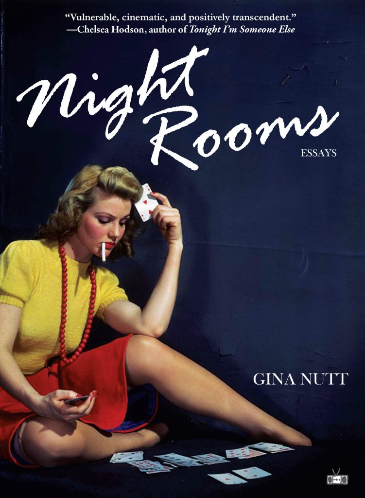 Book cover of "Night Rooms" showing blonde woman sitting on the floor in yellow shirt and red skirt. She has a cigarette in her mouth and is looking at a game of cards.